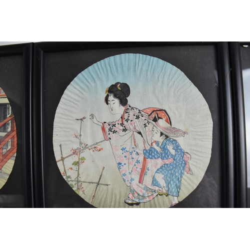 103A - Eleven Japanese 20th century unmounted painted circular fan leaves, each of women in various setting... 