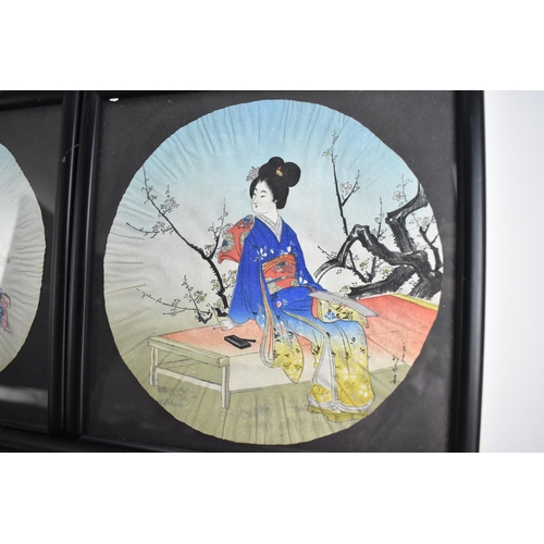 103A - Eleven Japanese 20th century unmounted painted circular fan leaves, each of women in various setting... 