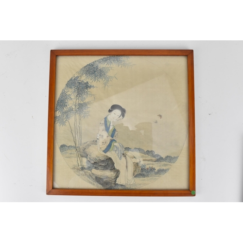 104A - A pair of Japanese 20th century watercolours on silk, one of a woman sat on a rock in a landscape, a... 