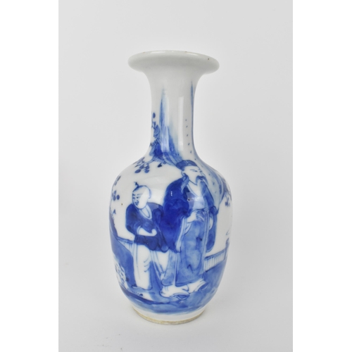 107 - A late Qing dynasty blue and white bottle vase of ovoid shape with a broad flat rim, a continuous ri... 