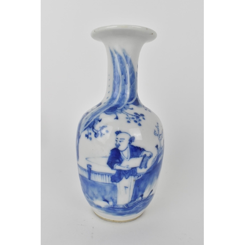 107 - A late Qing dynasty blue and white bottle vase of ovoid shape with a broad flat rim, a continuous ri... 