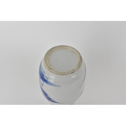 107 - A late Qing dynasty blue and white bottle vase of ovoid shape with a broad flat rim, a continuous ri... 