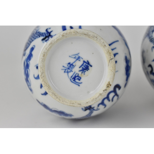 113 - A near pair of Chinese Qing dynasty blue and white bottle vases, late 19th century each, decorated w... 