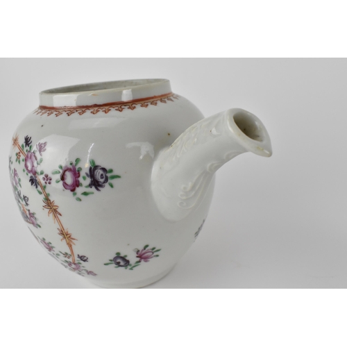 141 - A Chinese export Qianlong period bulbous teapot, the cover with flower bud finial decorated with flo... 