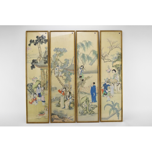 142 - A set of four Japanese Meiji/Taisho period silk narrative pictures, two of a woman up a tree with wo... 