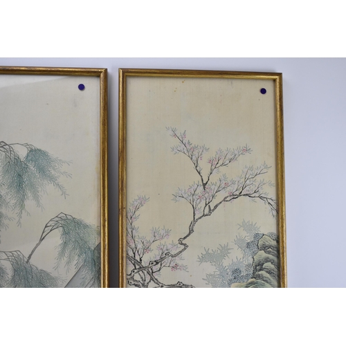 142 - A set of four Japanese Meiji/Taisho period silk narrative pictures, two of a woman up a tree with wo... 