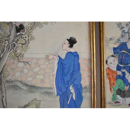 142 - A set of four Japanese Meiji/Taisho period silk narrative pictures, two of a woman up a tree with wo... 