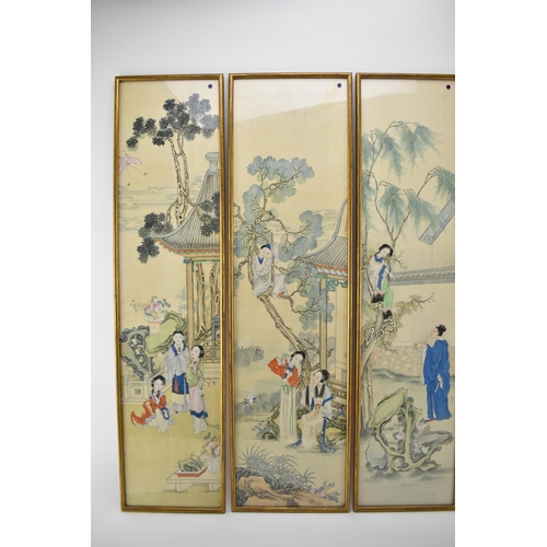 142 - A set of four Japanese Meiji/Taisho period silk narrative pictures, two of a woman up a tree with wo... 