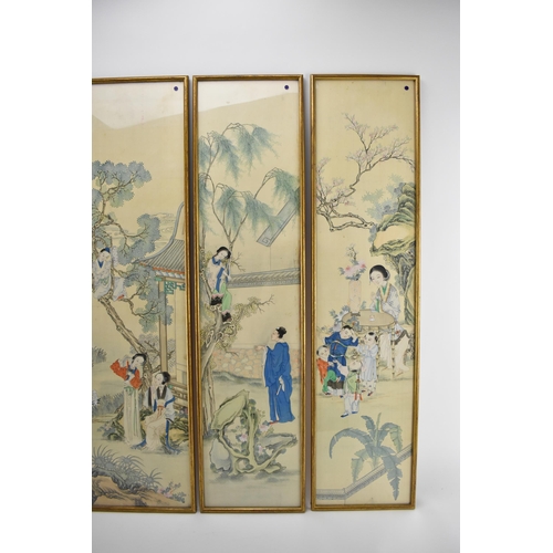 142 - A set of four Japanese Meiji/Taisho period silk narrative pictures, two of a woman up a tree with wo... 