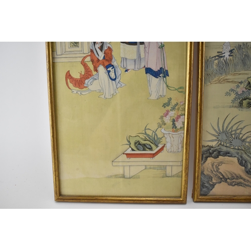 142 - A set of four Japanese Meiji/Taisho period silk narrative pictures, two of a woman up a tree with wo... 