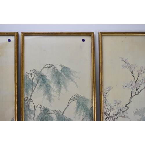 142 - A set of four Japanese Meiji/Taisho period silk narrative pictures, two of a woman up a tree with wo... 