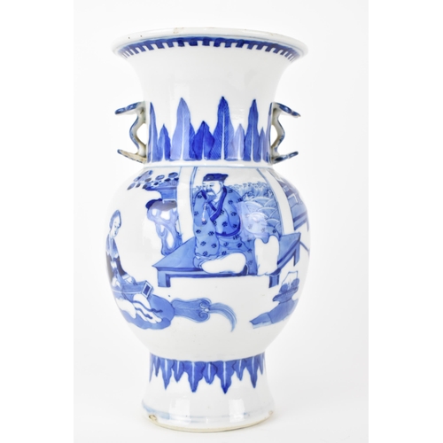 144 - A Chinese 20th century blue and white Gu vase with a lapet leaf band, and an interior scene with an ... 