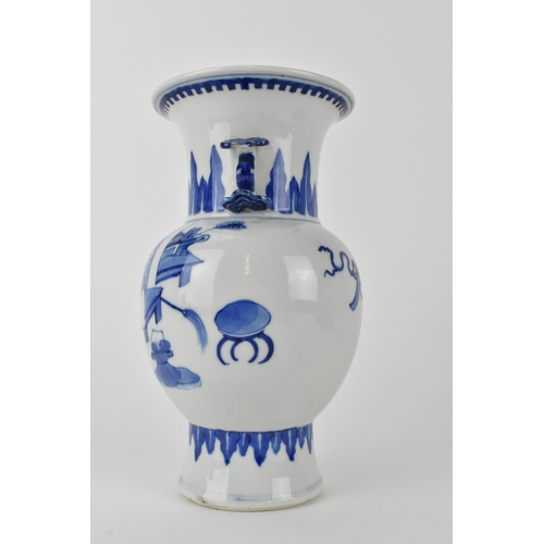 144 - A Chinese 20th century blue and white Gu vase with a lapet leaf band, and an interior scene with an ... 