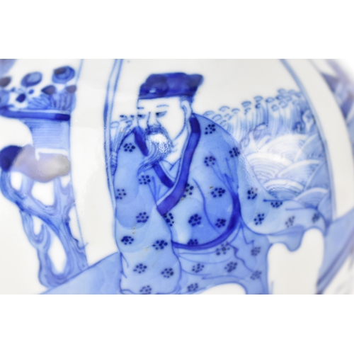 144 - A Chinese 20th century blue and white Gu vase with a lapet leaf band, and an interior scene with an ... 