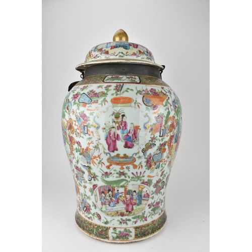 147 - A large Qing Dynasty Canton porcelain vase and cover, 19th century of baluster shape, the domed lid ... 