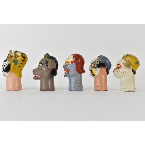 149 - Five Chinese 20th century ceramic finger puppets fashioned as Noh masks with painted features, masks... 