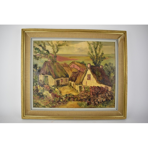 150 - Stanley Grimm (1891-1966) - oil on board entitled 'Devon Farm' depicting cottages in a country lands... 