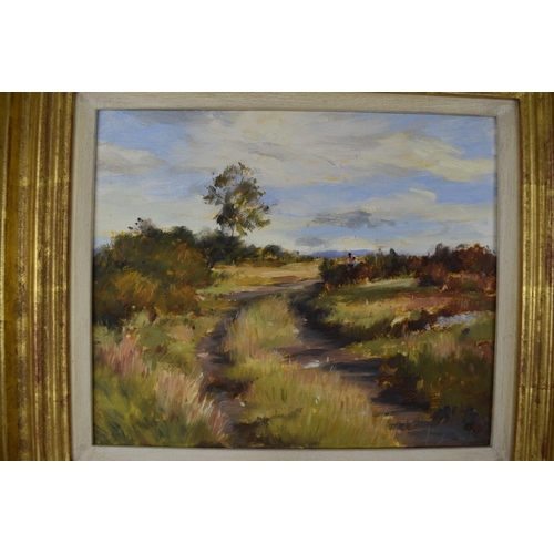 166 - Patricia Turner - entitled Bridleway Winster Valley, initialled P.T to the lower right corner, Oil o... 