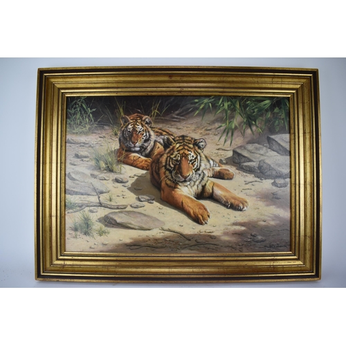 197 - Willem Sternberg De Beer - oil on board depicting two tiger cubs entitled 'A Splendid Day', signed t... 