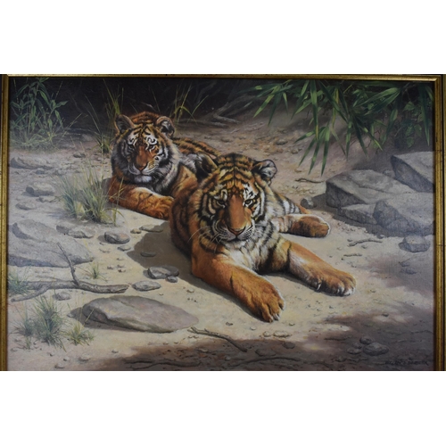 197 - Willem Sternberg De Beer - oil on board depicting two tiger cubs entitled 'A Splendid Day', signed t... 