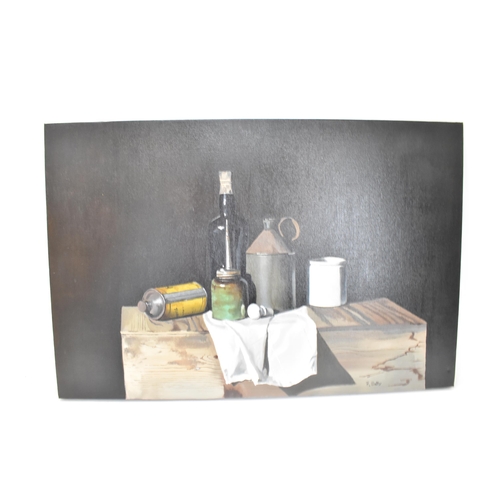 202 - R. Walker - oil on canvas still life depicting jars, bottles and cans on a box, signed to the lower ... 