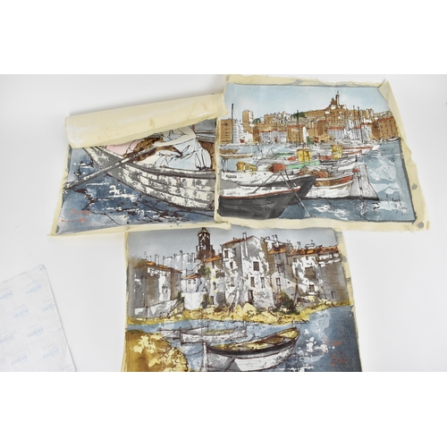 204 - Bernard Dufour - boats in a harbour, two women in a rowing boat and a harbour scene, acrylic prints ... 