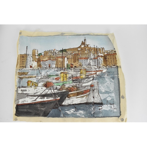 204 - Bernard Dufour - boats in a harbour, two women in a rowing boat and a harbour scene, acrylic prints ... 