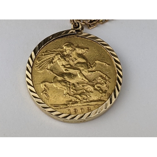 216 - A 1908 full-sovereign with 9ct gold mount and chain, total weight 11.1g