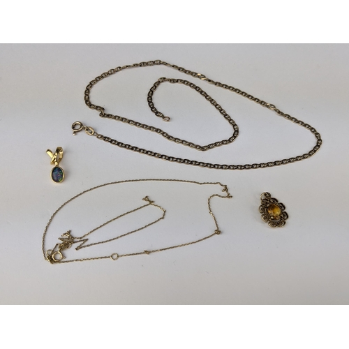 234 - Two 9ct gold chains, together with a 9ct gold pendant set with citrine coloured stone 7.2g, and a si... 