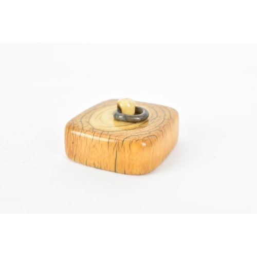 80 - A Japanese Edo period 18th/19th century, netsuke style ivory frog weight, with a metal ring, attache... 