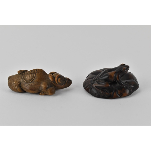 81 - Two early 20th century Japanese wood netsuke of a recumbent water buffalo and its offspring, signed ... 