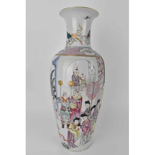 85 - A Chinese Qing dynasty famille rose vase, 18th century of ovoid shape with a flared rim, decorated w... 