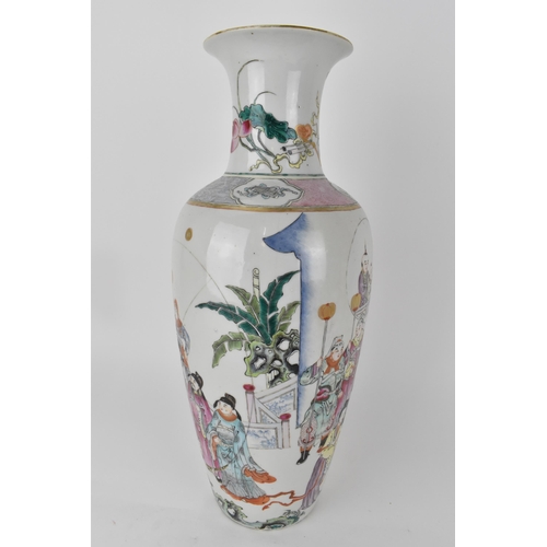 85 - A Chinese Qing dynasty famille rose vase, 18th century of ovoid shape with a flared rim, decorated w... 