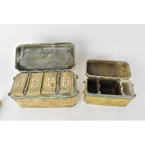 95 - Philippines and other brass betel nut boxes, a copper and white metal cigarette box, a brass fan sha... 