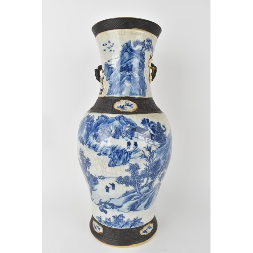 97 - A large Chinese Quin dynasty Nanjing blue and white crackle glazed vase with a continuous river land... 