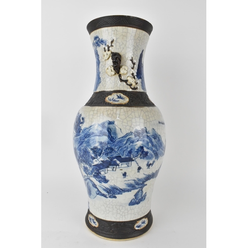 97 - A large Chinese Quin dynasty Nanjing blue and white crackle glazed vase with a continuous river land... 