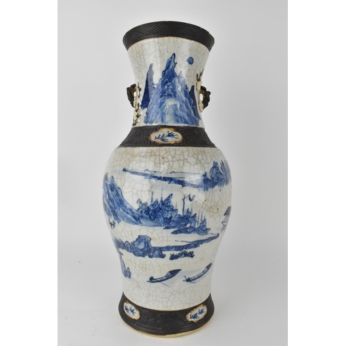 97 - A large Chinese Quin dynasty Nanjing blue and white crackle glazed vase with a continuous river land... 