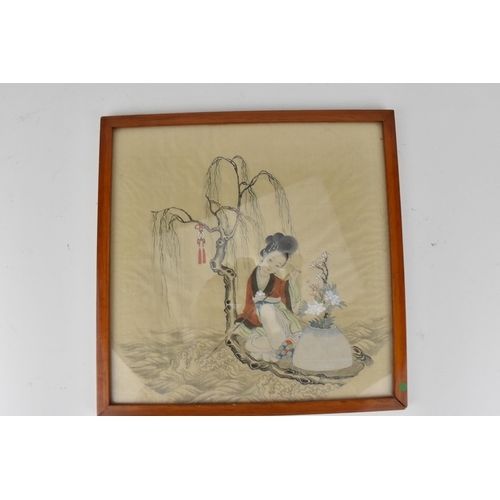 104A - A pair of Japanese 20th century watercolours on silk, one of a woman sat on a rock in a landscape, a... 