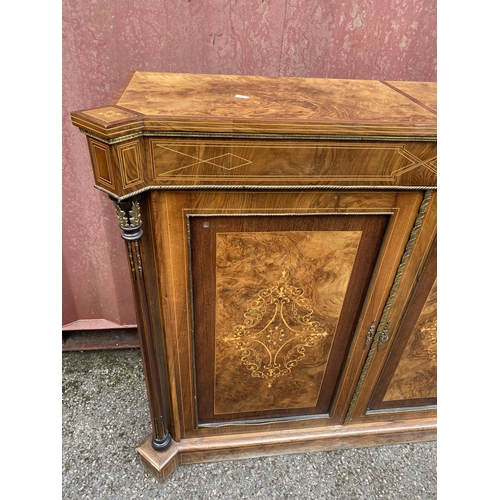 179 - A late Victorian figured walnut, mahogany cross-banded and marquetry cabinet, with turreted corners,... 