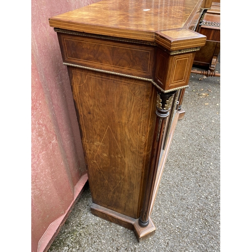 179 - A late Victorian figured walnut, mahogany cross-banded and marquetry cabinet, with turreted corners,... 