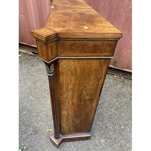 179 - A late Victorian figured walnut, mahogany cross-banded and marquetry cabinet, with turreted corners,... 