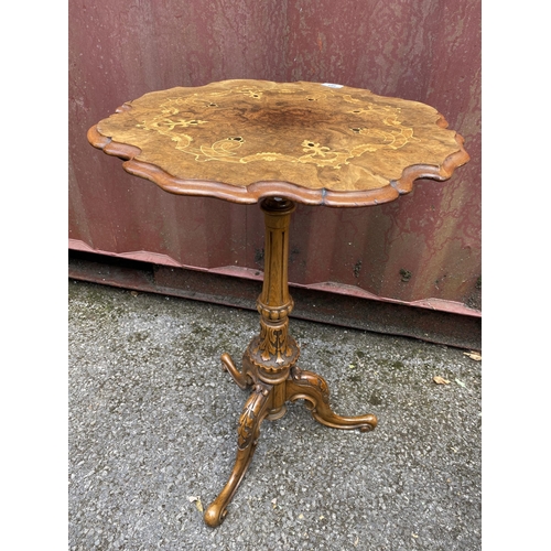 184 - A Victorian walnut occasional table having a burr walnut and marquetry inlay piecrust top, fluted co... 