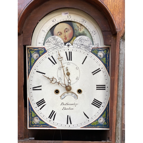 187 - A George III oak and mahogany cased longcase clock, with an 8-day bell strike movement, painted moon... 