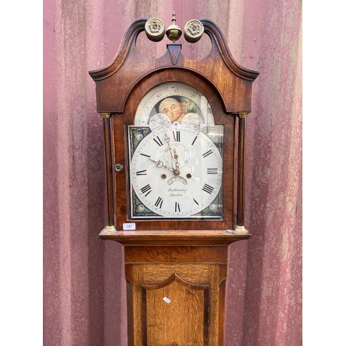 187 - A George III oak and mahogany cased longcase clock, with an 8-day bell strike movement, painted moon... 