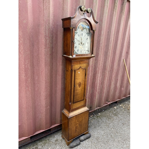 187 - A George III oak and mahogany cased longcase clock, with an 8-day bell strike movement, painted moon... 