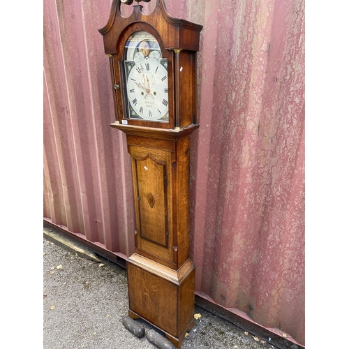 187 - A George III oak and mahogany cased longcase clock, with an 8-day bell strike movement, painted moon... 