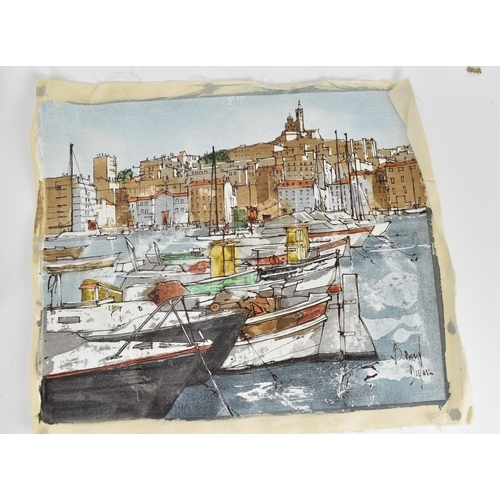 204 - Bernard Dufour - boats in a harbour, two women in a rowing boat and a harbour scene, acrylic prints ... 