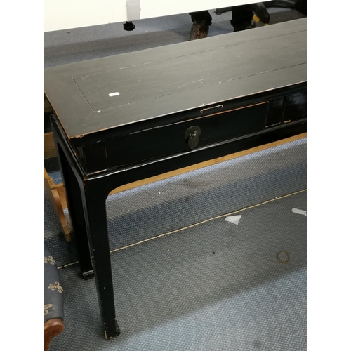 95 - A 20th century Chinese black lacquered alter table with three drawers, 82 h x 160 w x 34cm d
Locatio... 