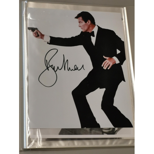 93 - Seven photographs of actors, some signed, to include Roger Moore, Pierce Brosnan, George Lazenby and... 