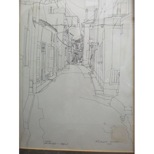 105 - Richard Demarco CBE (b.1971) - A pen and ink sketch of a town street scene, signed and dated lower r... 